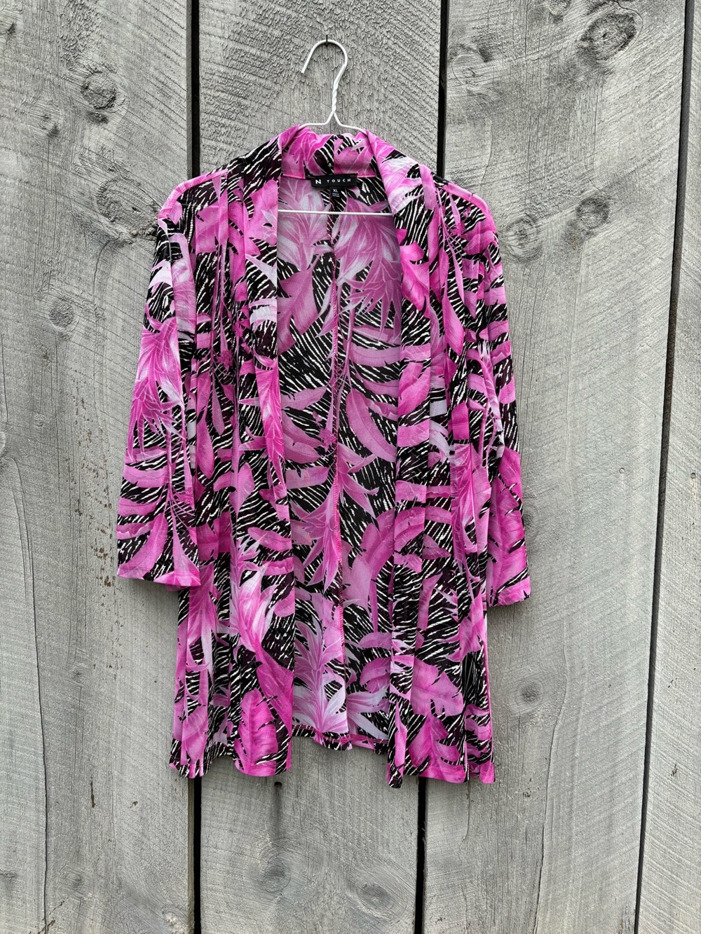 N Touch Sheer Pink Feather Print Open Cardigan NWOT Size XL